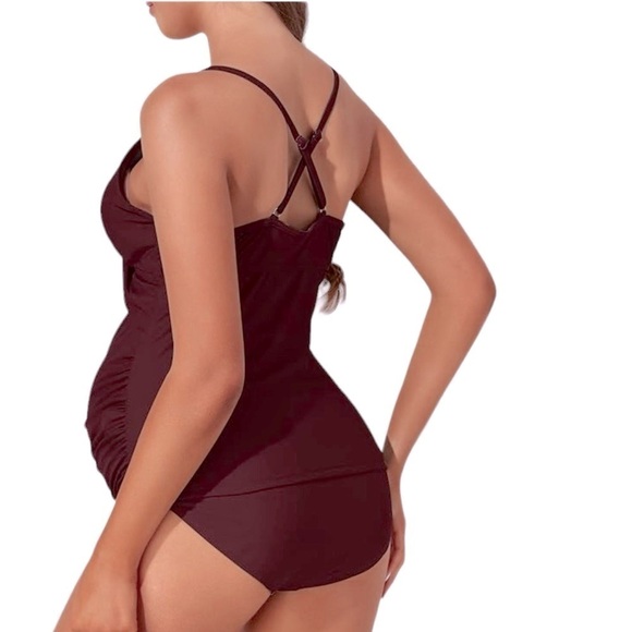 Solid Wine Color Retro Maternity 2pc Tankini Swimsuit Large NWT Spaghetti Straps - Picture 2 of 11